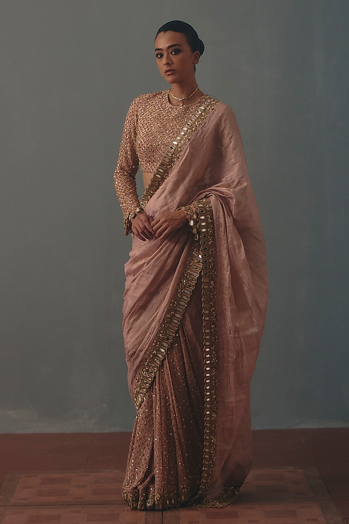 Old Rose Tissue Silk Hand Embroidered Bridal Bridal Saree Set by Arpita Mehta at Pernia's Pop Up Shop