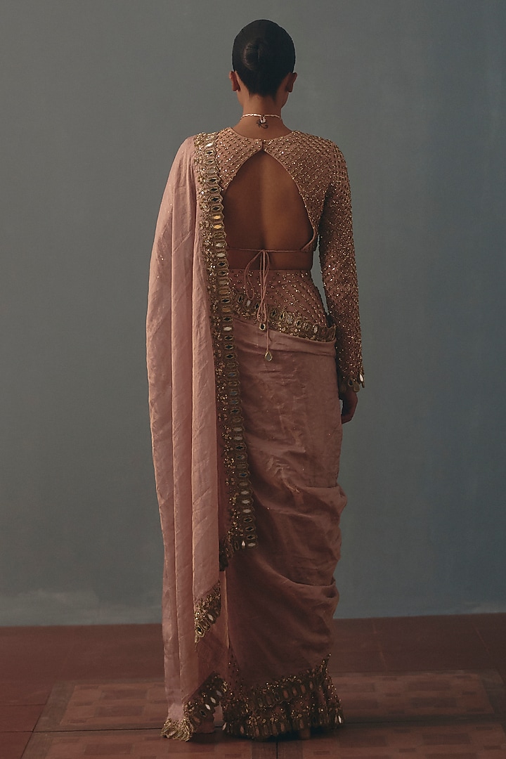 Old Rose Tissue Silk Hand Embroidered Bridal Bridal Saree Set by Arpita Mehta at Pernia's Pop Up Shop