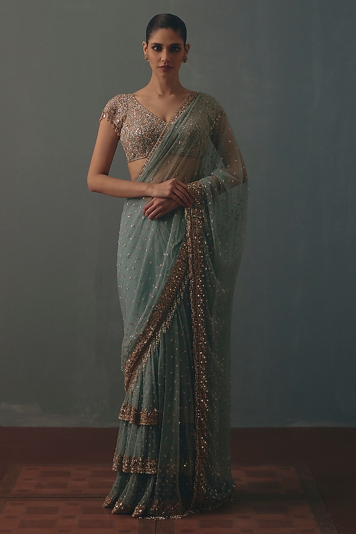 Sky Blue Net Hand Embroidered Pre-Draped Bridal Bridal Saree Set by Arpita Mehta at Pernia's Pop Up Shop
