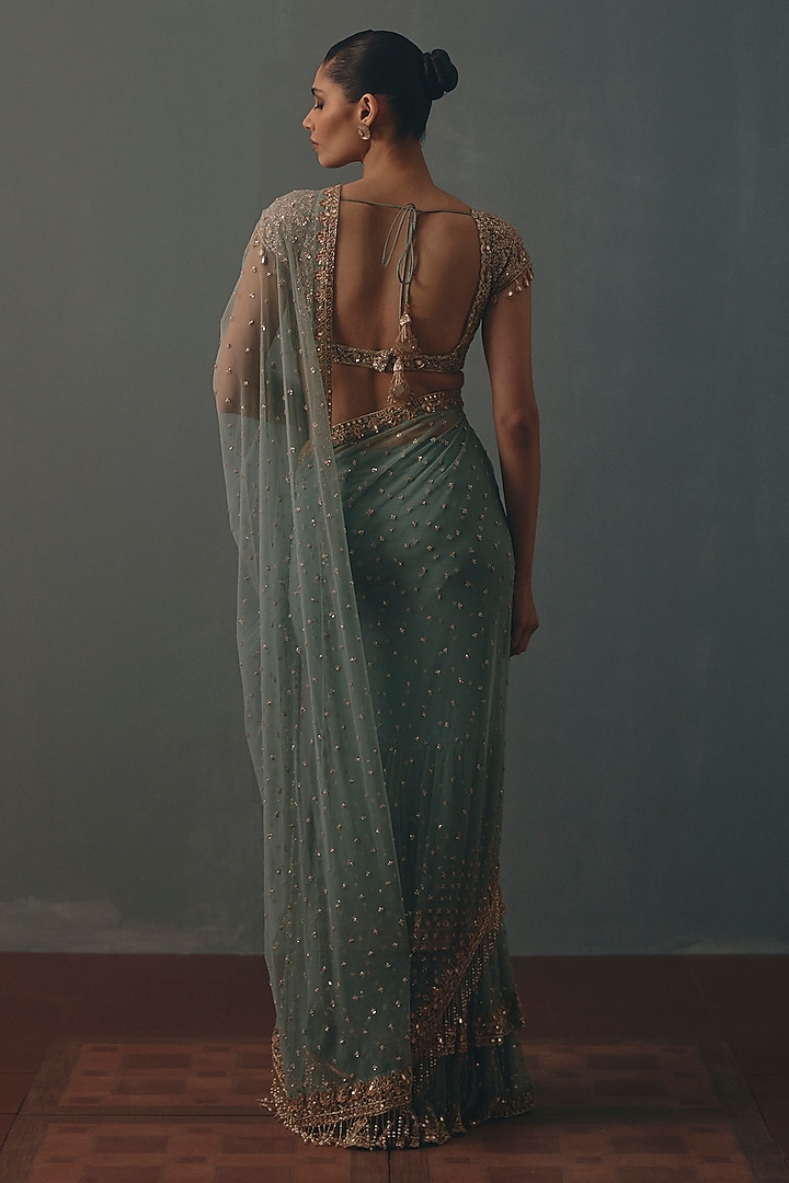 Sky Blue Net Hand Embroidered Pre-Draped Bridal Bridal Saree Set by Arpita Mehta at Pernia's Pop Up Shop