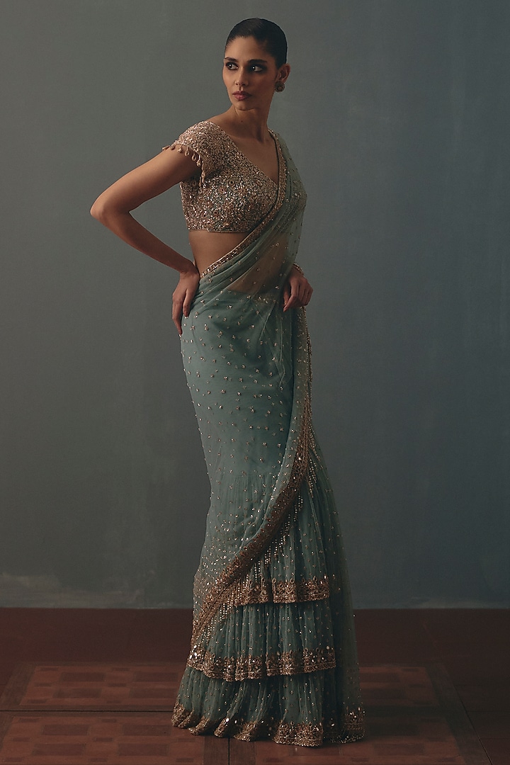Sky Blue Net Hand Embroidered Pre-Draped Bridal Bridal Saree Set by Arpita Mehta at Pernia's Pop Up Shop