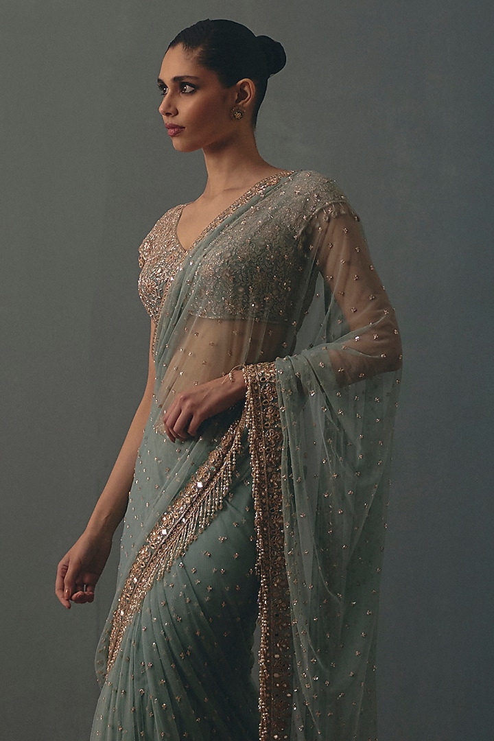 Sky Blue Net Hand Embroidered Pre-Draped Bridal Bridal Saree Set by Arpita Mehta at Pernia's Pop Up Shop