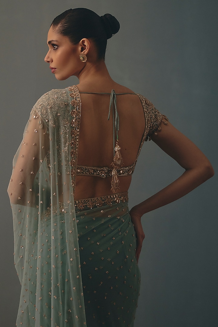 Sky Blue Net Hand Embroidered Pre-Draped Bridal Bridal Saree Set by Arpita Mehta at Pernia's Pop Up Shop