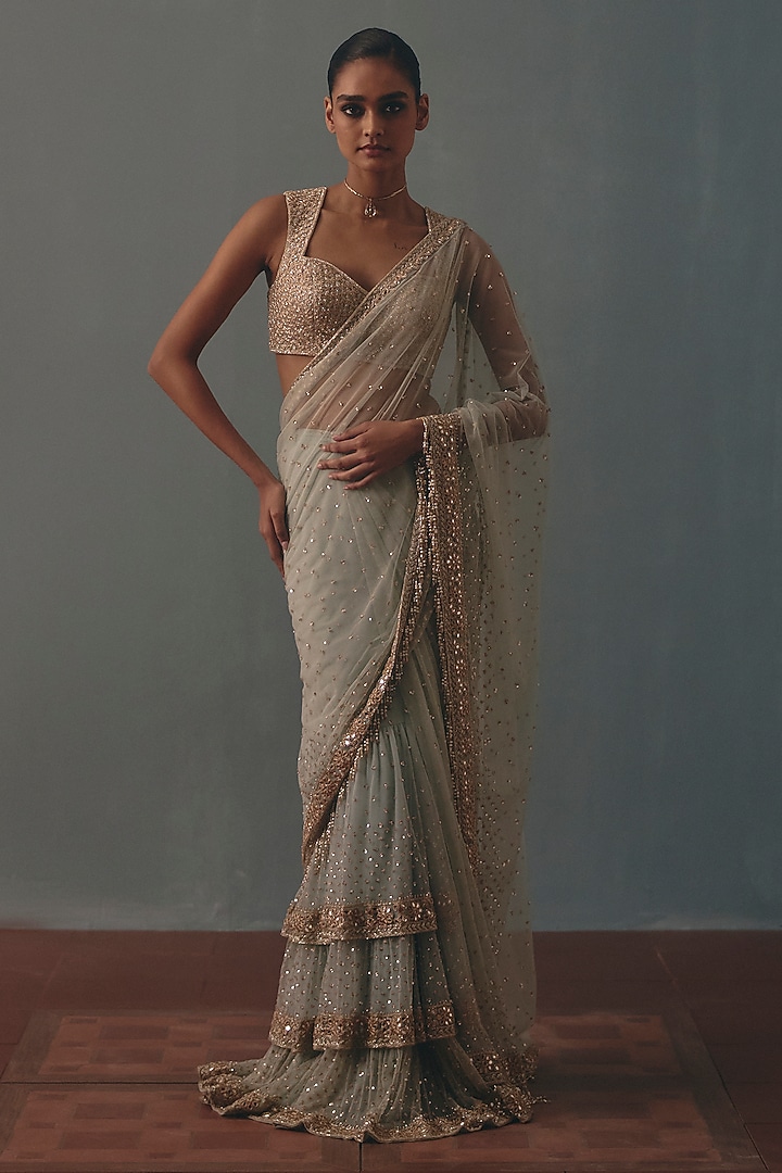 Ice Blue Net Hand Embroidered Pre-Draped Bridal Bridal Saree Set by Arpita Mehta at Pernia's Pop Up Shop