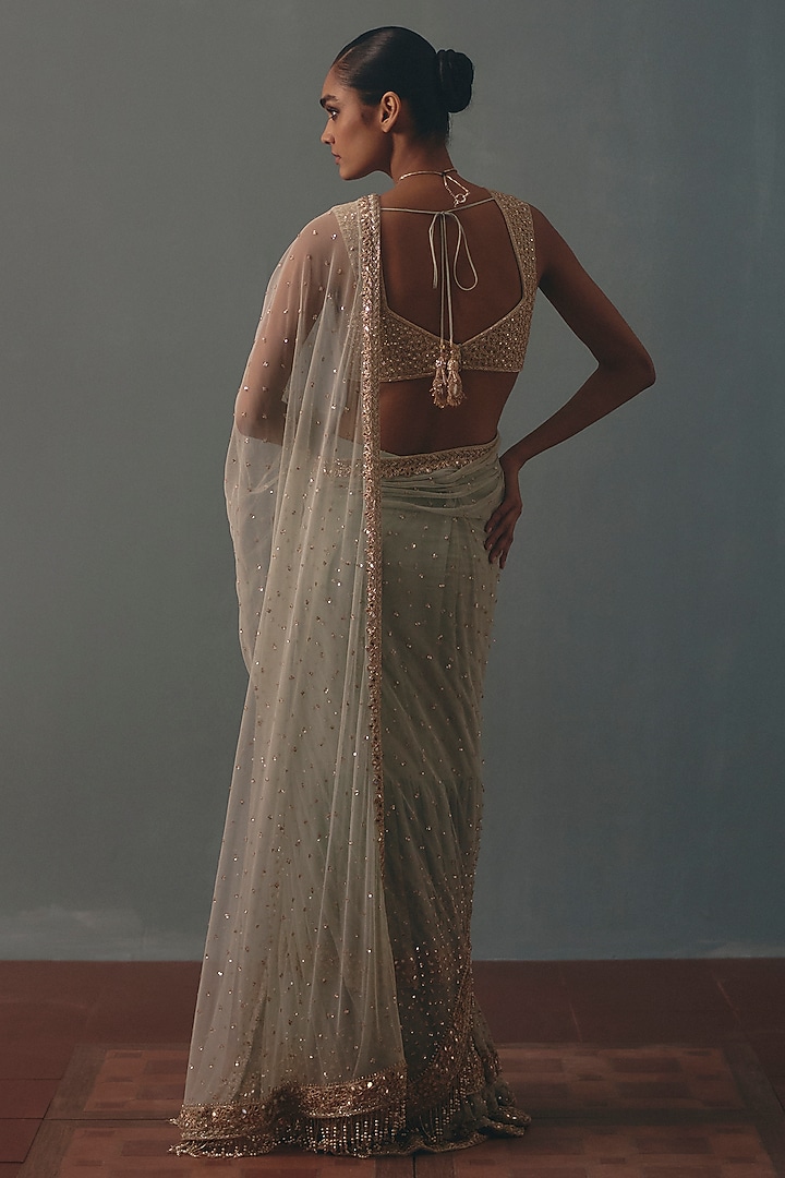 Ice Blue Net Hand Embroidered Pre-Draped Bridal Bridal Saree Set by Arpita Mehta at Pernia's Pop Up Shop