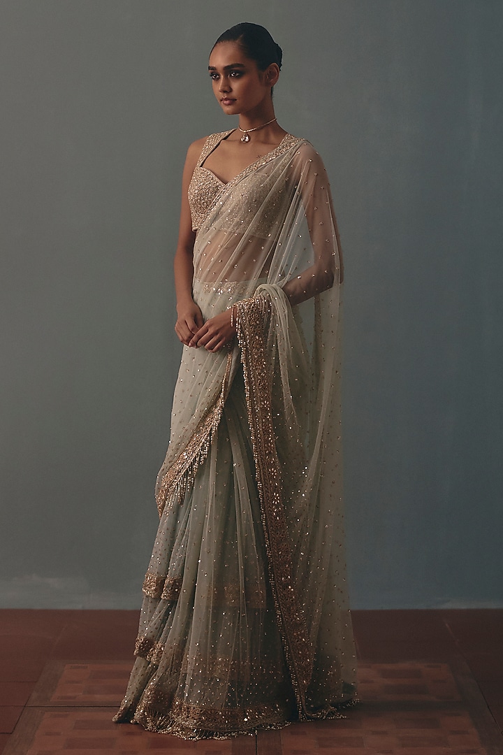 Ice Blue Net Hand Embroidered Pre-Draped Bridal Bridal Saree Set by Arpita Mehta at Pernia's Pop Up Shop