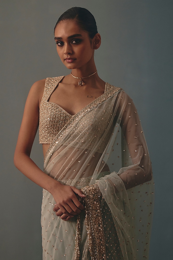 Ice Blue Net Hand Embroidered Pre-Draped Bridal Bridal Saree Set by Arpita Mehta at Pernia's Pop Up Shop