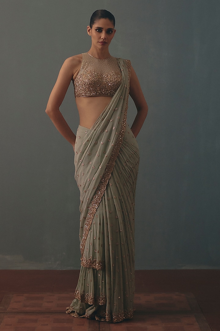 Aqua & Rose Gold Georgette Hand Embroidered Pre-Draped Bridal Bridal Saree Set by Arpita Mehta at Pernia's Pop Up Shop