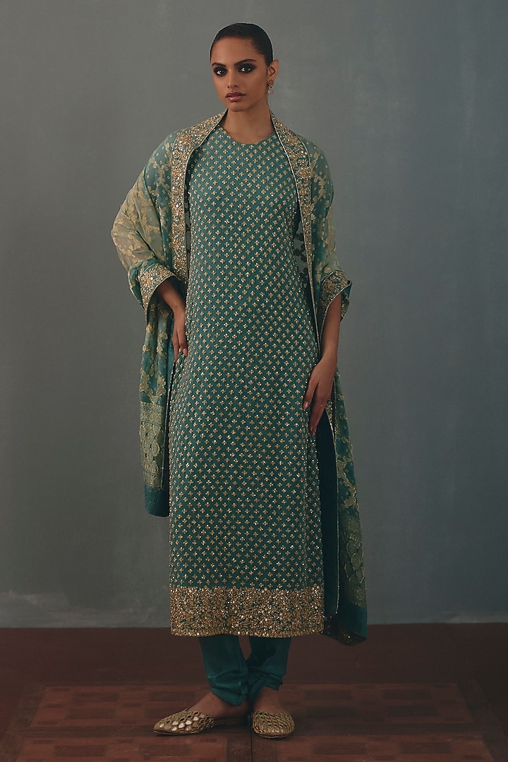 Ice Blue Georgette Hand Embroidered Kurta Set by Arpita Mehta at Pernia's Pop Up Shop