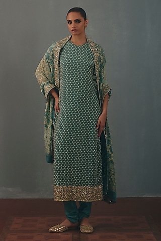 Ice Blue Georgette Hand Embroidered Kurta Set by Arpita Mehta