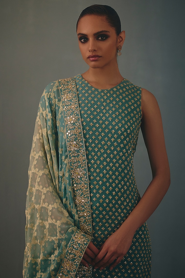 Ice Blue Georgette Hand Embroidered Kurta Set by Arpita Mehta at Pernia's Pop Up Shop