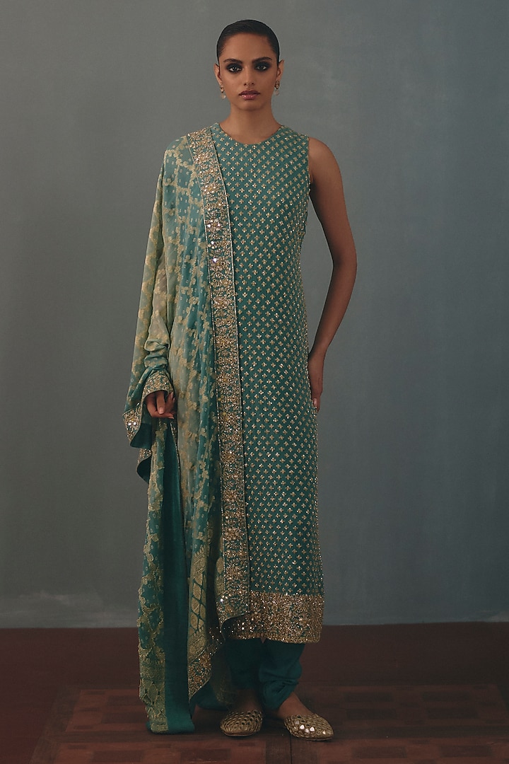 Ice Blue Georgette Hand Embroidered Kurta Set by Arpita Mehta at Pernia's Pop Up Shop