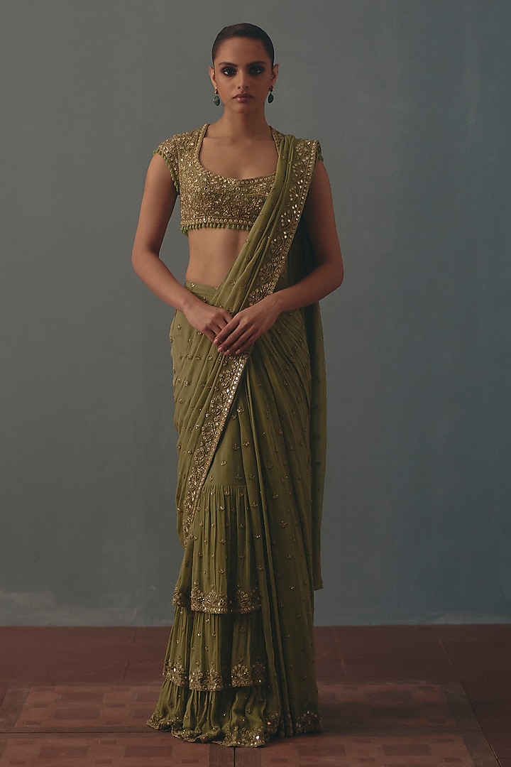 Sage Green Georgette Hand Embroidered Pre-Draped Bridal Bridal Saree Set by Arpita Mehta at Pernia's Pop Up Shop
