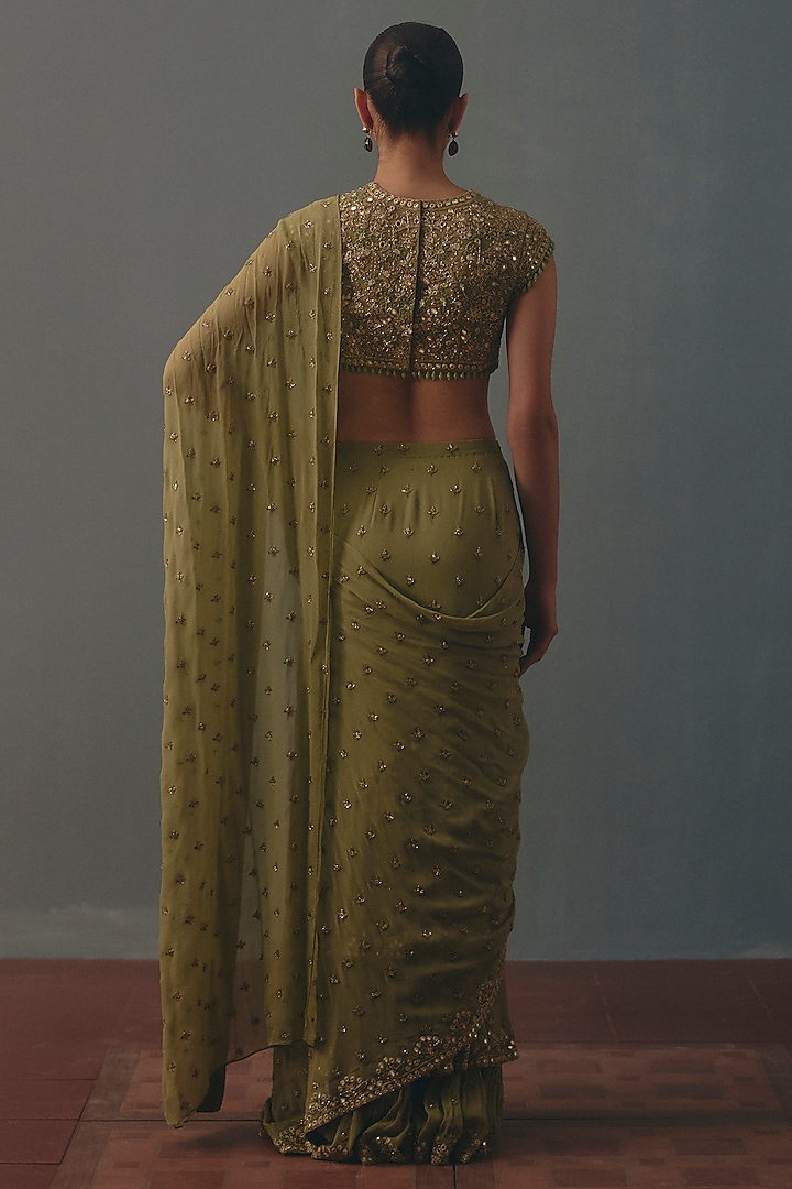 Sage Green Georgette Hand Embroidered Pre-Draped Bridal Bridal Saree Set by Arpita Mehta at Pernia's Pop Up Shop