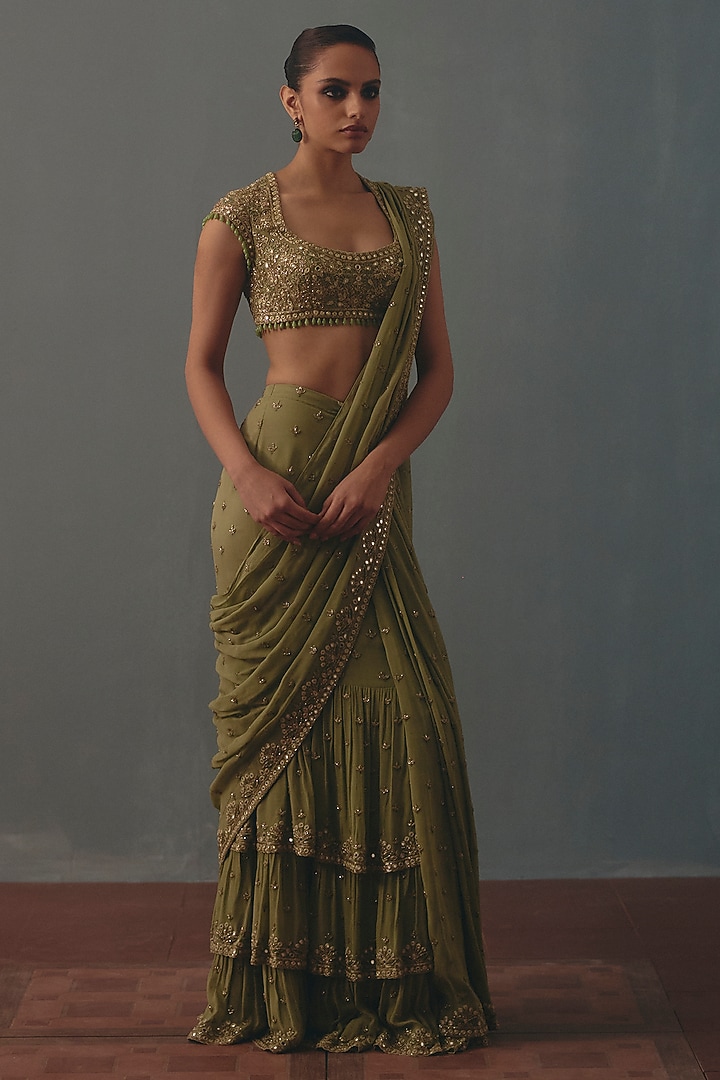 Sage Green Georgette Hand Embroidered Pre-Draped Bridal Bridal Saree Set by Arpita Mehta at Pernia's Pop Up Shop