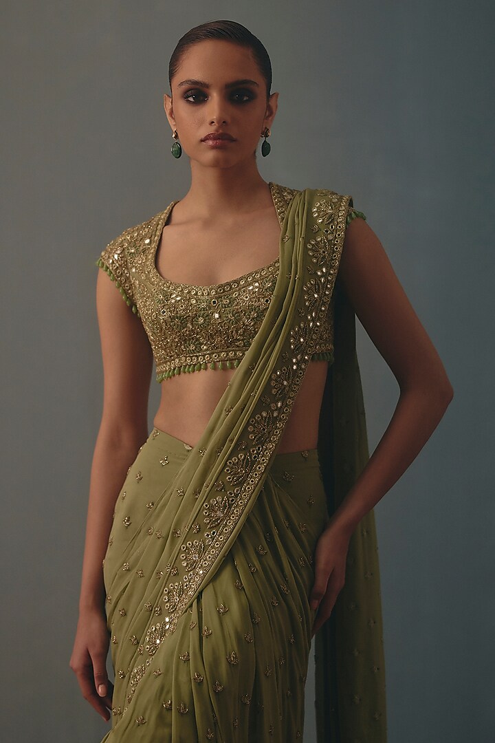 Sage Green Georgette Hand Embroidered Pre-Draped Bridal Bridal Saree Set by Arpita Mehta at Pernia's Pop Up Shop