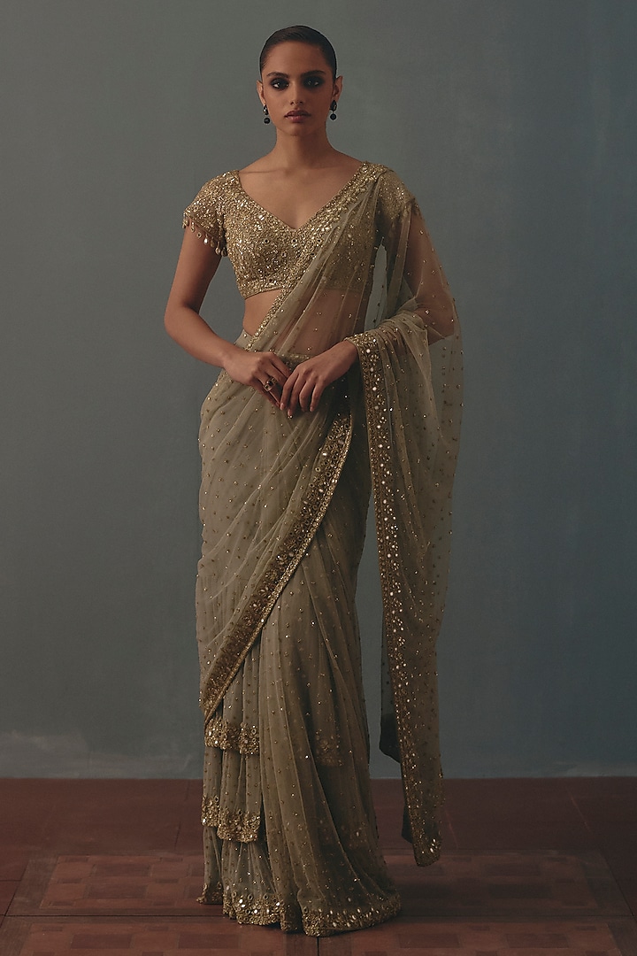Mint Green Net Hand Embroidered Pre-Draped Bridal Bridal Saree Set by Arpita Mehta at Pernia's Pop Up Shop