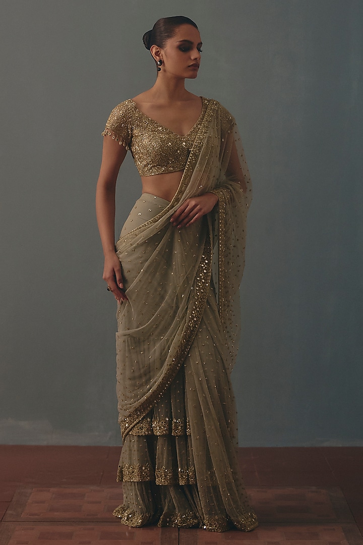 Mint Green Net Hand Embroidered Pre-Draped Bridal Bridal Saree Set by Arpita Mehta at Pernia's Pop Up Shop