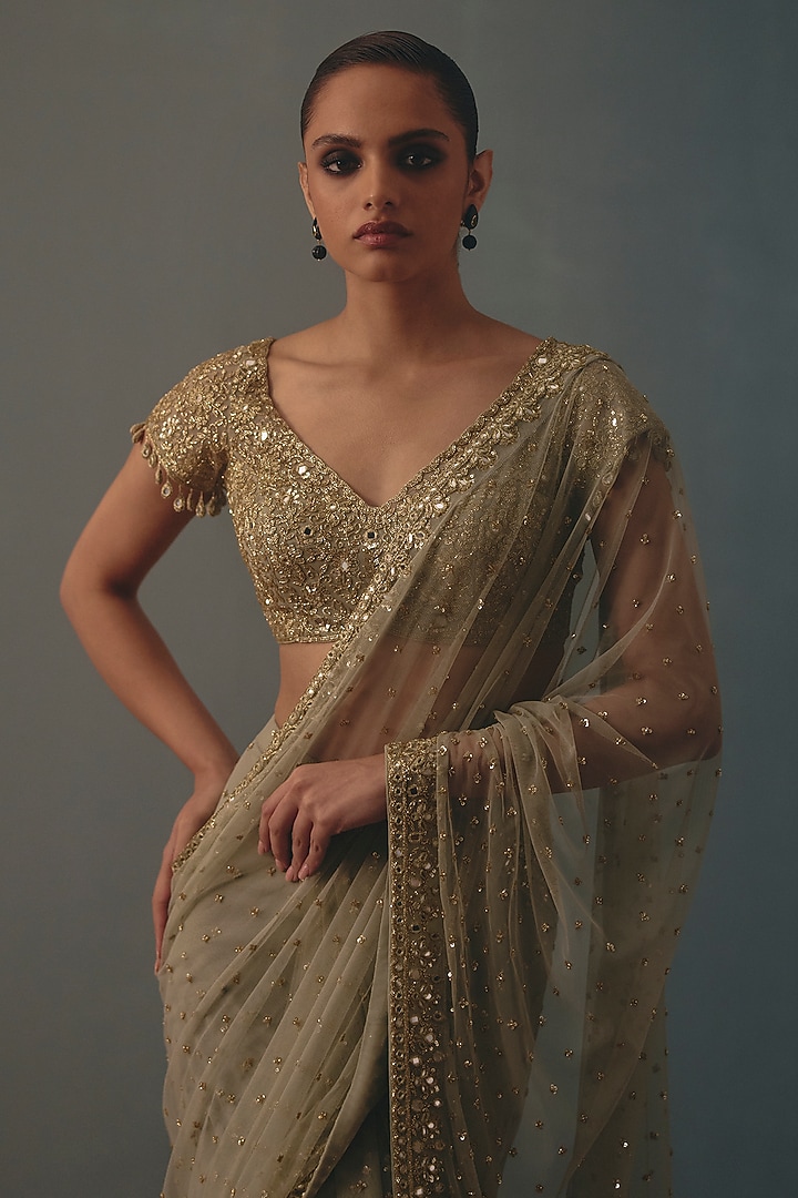 Mint Green Net Hand Embroidered Pre-Draped Bridal Bridal Saree Set by Arpita Mehta at Pernia's Pop Up Shop
