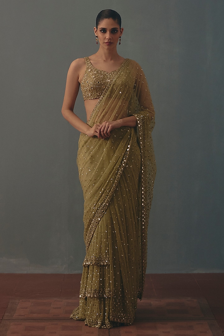 Sage Green Net Hand Embroidered Pre-Draped Bridal Bridal Saree Set by Arpita Mehta at Pernia's Pop Up Shop