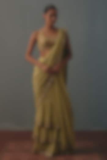 Mint Green Georgette Hand Embroidered Pre-Draped Bridal Bridal Saree Set by Arpita Mehta at Pernia's Pop Up Shop