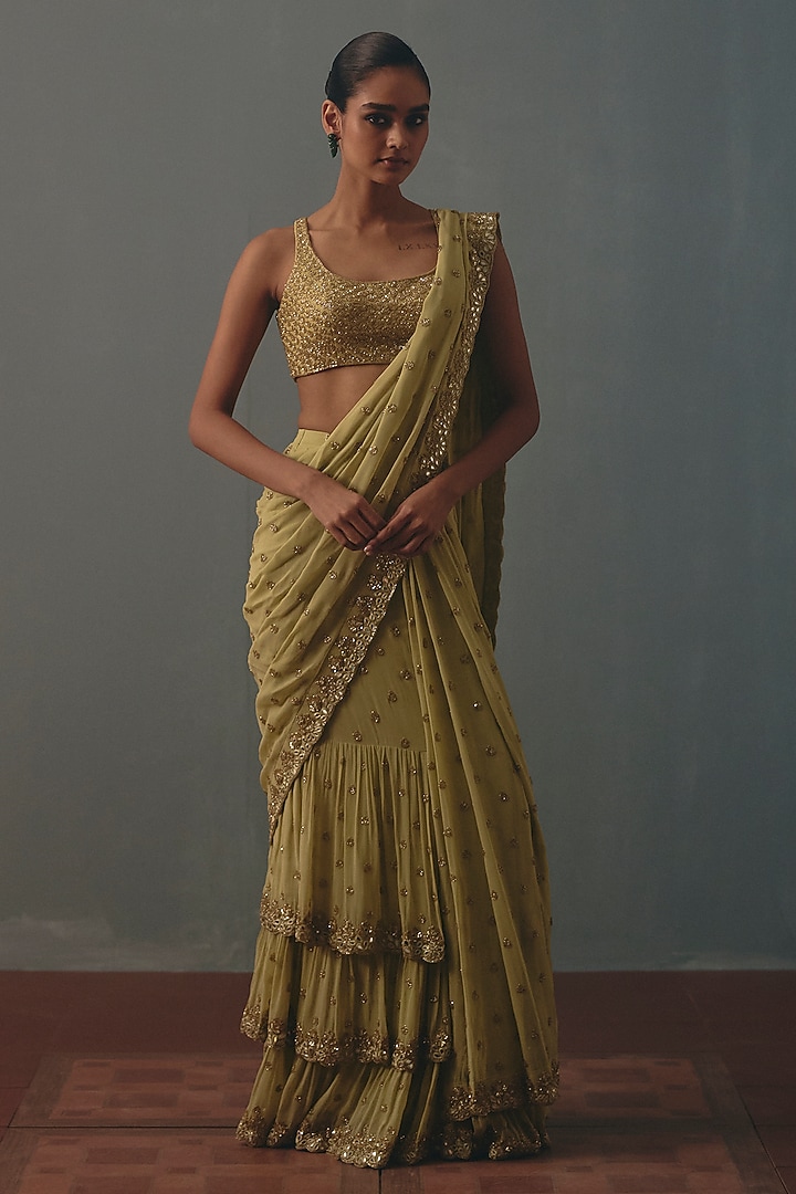 Mint Green Georgette Hand Embroidered Pre-Draped Bridal Bridal Saree Set by Arpita Mehta at Pernia's Pop Up Shop