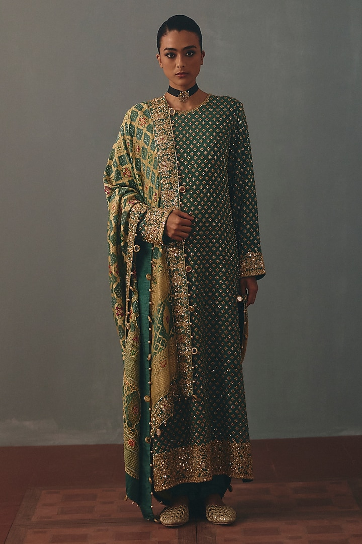 Moss Green Georgette Hand Embroidered Kurta Set by Arpita Mehta at Pernia's Pop Up Shop