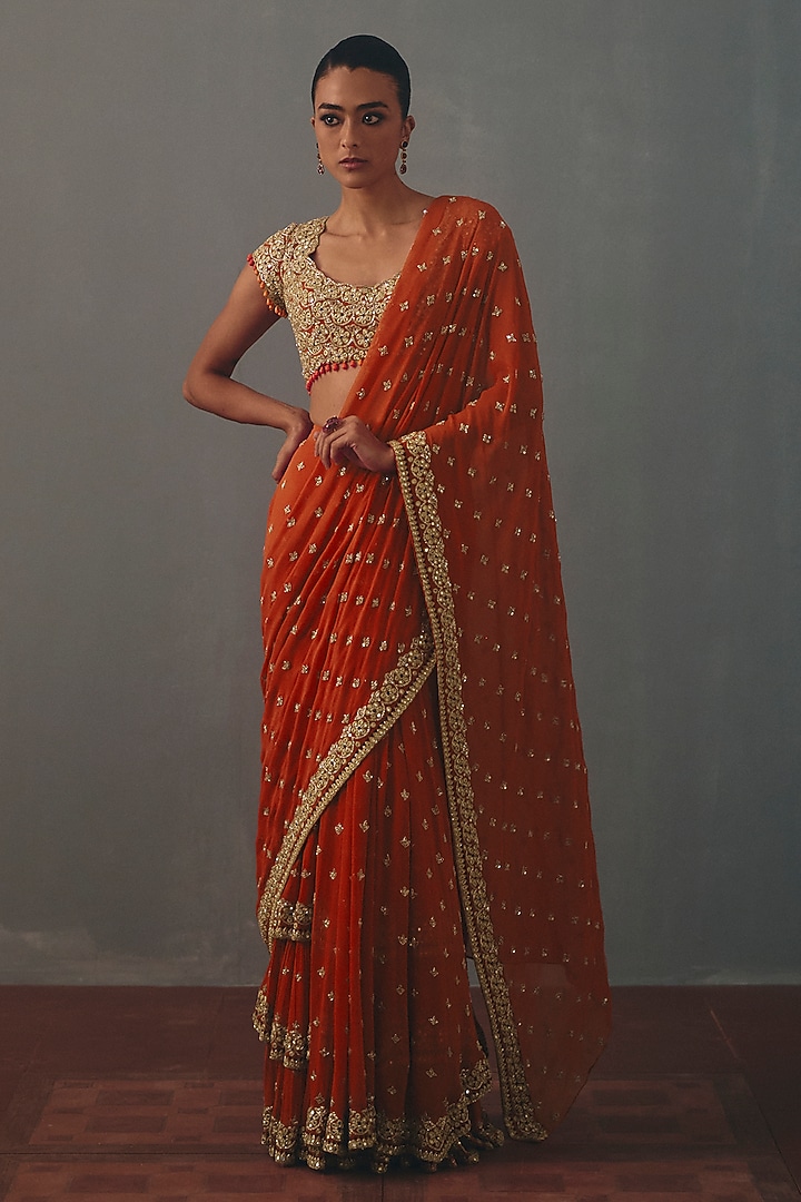 Sindoori Red Georgette Hand Embroidered Pre-Draped Bridal Bridal Saree Set by Arpita Mehta at Pernia's Pop Up Shop