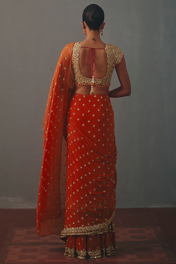 Sindoori Red Georgette Hand Embroidered Pre-Draped Bridal Bridal Saree Set by Arpita Mehta at Pernia's Pop Up Shop