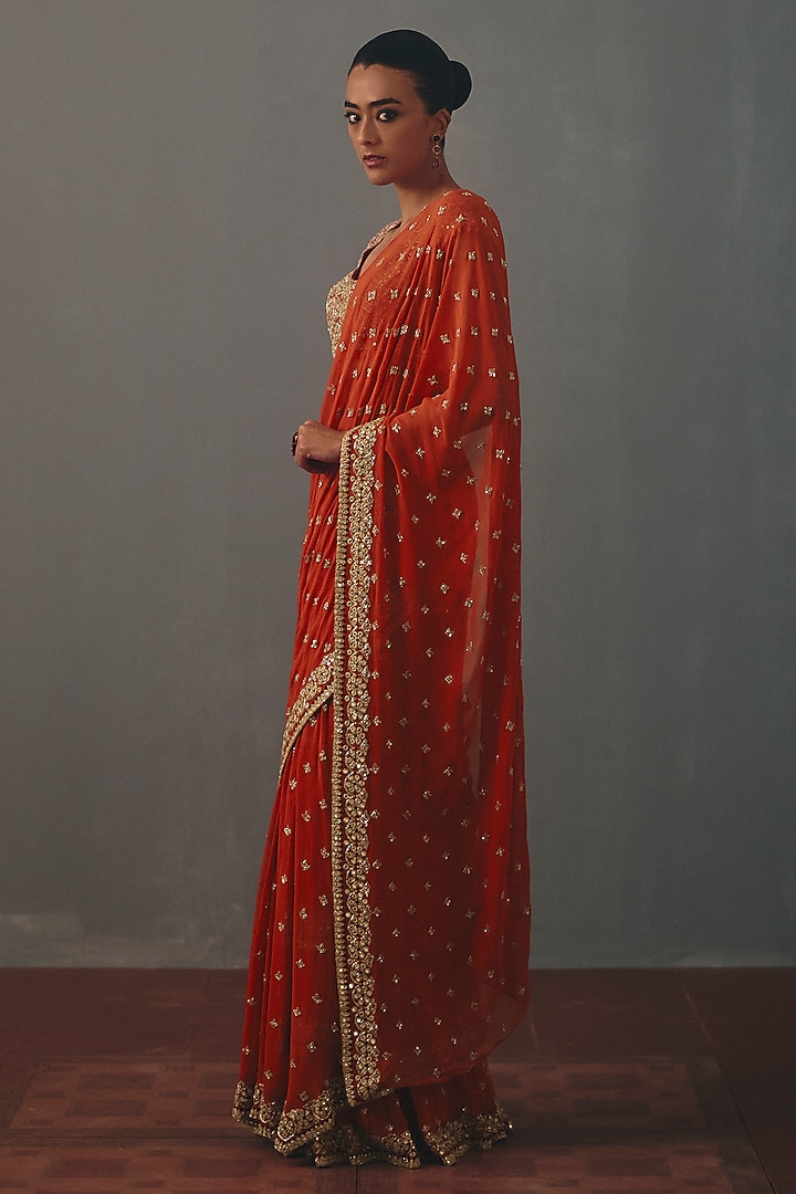 Sindoori Red Georgette Hand Embroidered Pre-Draped Bridal Bridal Saree Set by Arpita Mehta at Pernia's Pop Up Shop