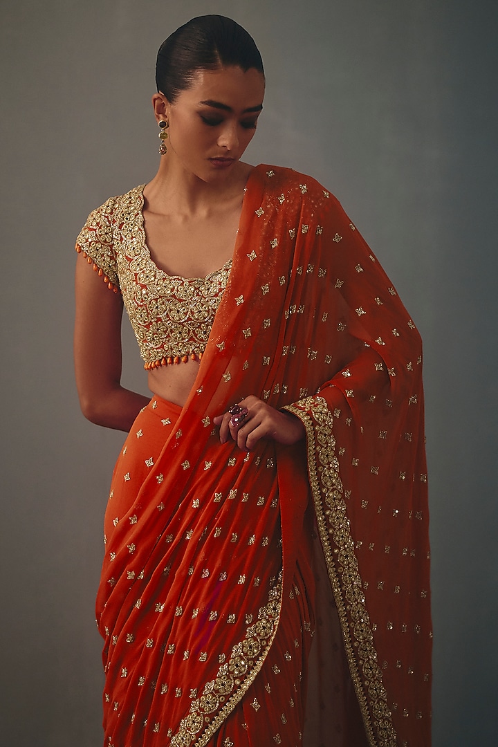 Sindoori Red Georgette Hand Embroidered Pre-Draped Bridal Bridal Saree Set by Arpita Mehta at Pernia's Pop Up Shop