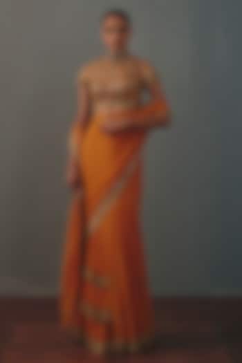 Mango Orange Georgette Hand Embroidered Pre-Draped Bridal Bridal Saree Set by Arpita Mehta at Pernia's Pop Up Shop
