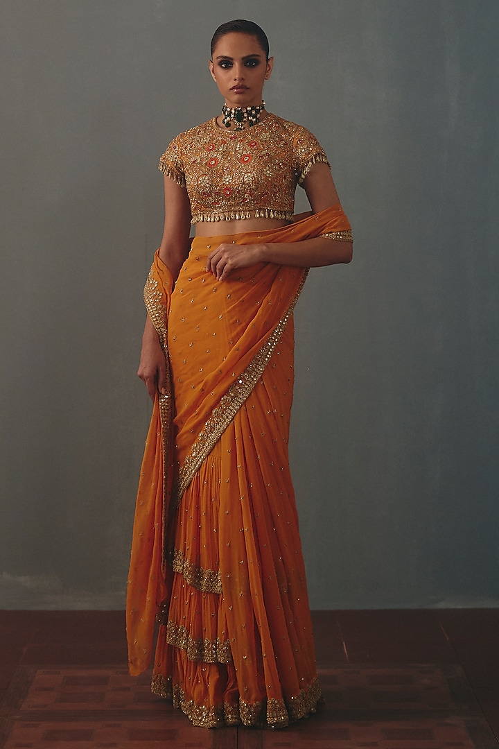 Mango Orange Georgette Hand Embroidered Pre-Draped Bridal Bridal Saree Set by Arpita Mehta at Pernia's Pop Up Shop
