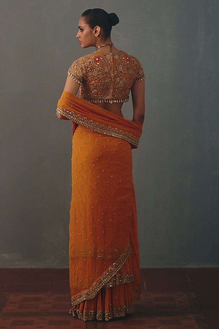 Mango Orange Georgette Hand Embroidered Pre-Draped Bridal Bridal Saree Set by Arpita Mehta at Pernia's Pop Up Shop