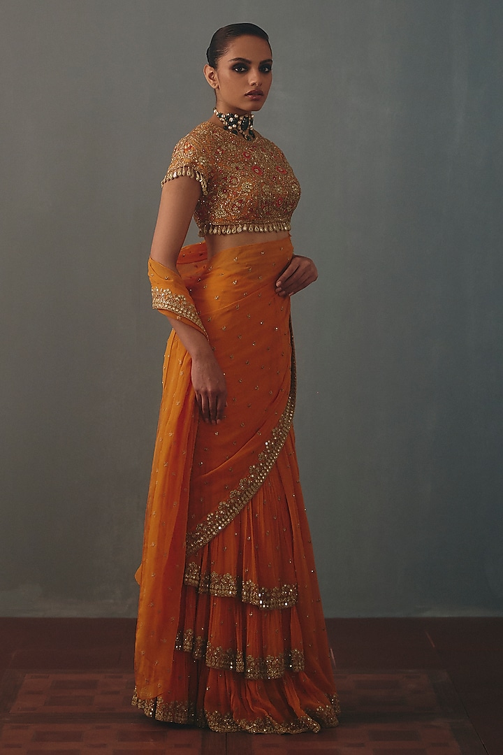 Mango Orange Georgette Hand Embroidered Pre-Draped Bridal Bridal Saree Set by Arpita Mehta at Pernia's Pop Up Shop