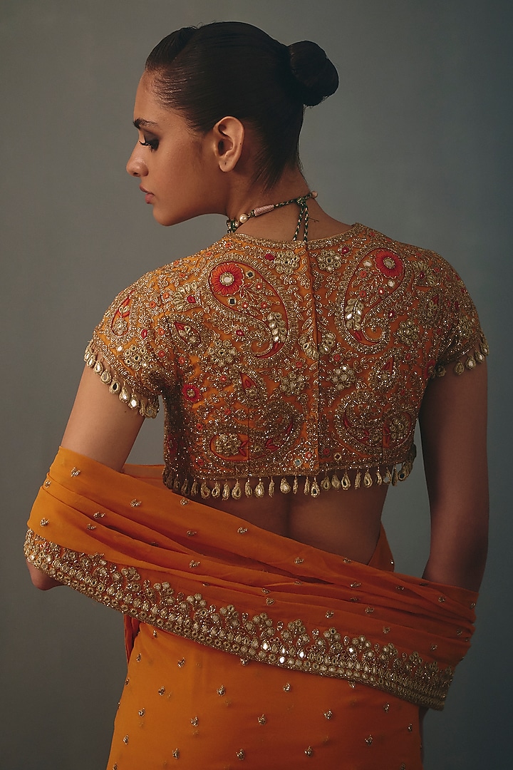 Mango Orange Georgette Hand Embroidered Pre-Draped Bridal Bridal Saree Set by Arpita Mehta at Pernia's Pop Up Shop