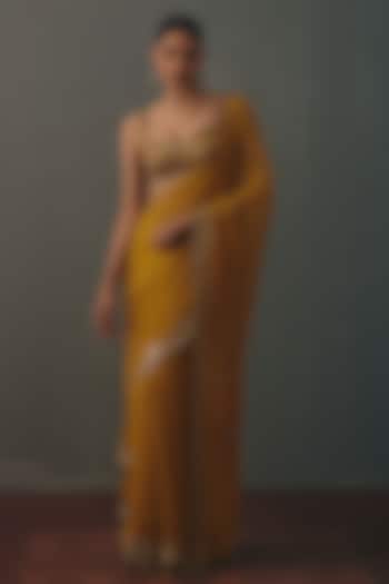 Mustard Georgette Hand Embroidered Pre-Draped Bridal Bridal Saree Set by Arpita Mehta at Pernia's Pop Up Shop