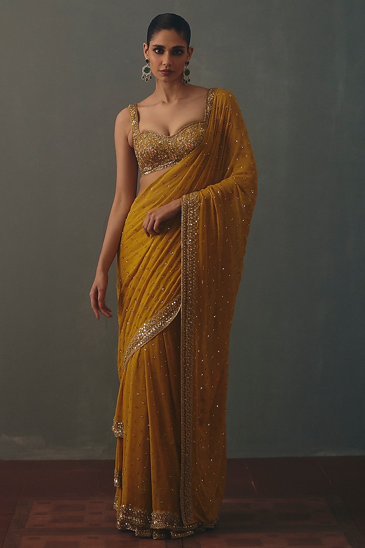 Mustard Georgette Hand Embroidered Pre-Draped Bridal Bridal Saree Set by Arpita Mehta at Pernia's Pop Up Shop