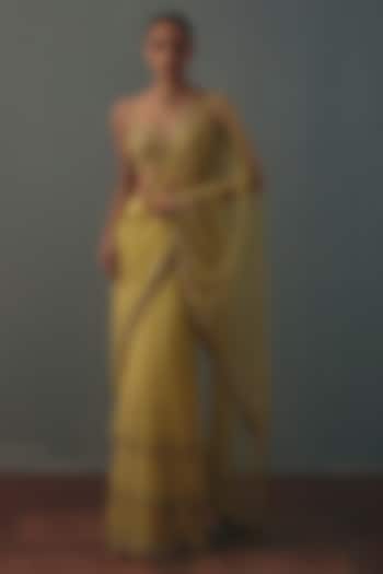 Butter Yellow Net Mirror Hand Embroidered Ruffled Bridal Bridal Saree Set by Arpita Mehta at Pernia's Pop Up Shop