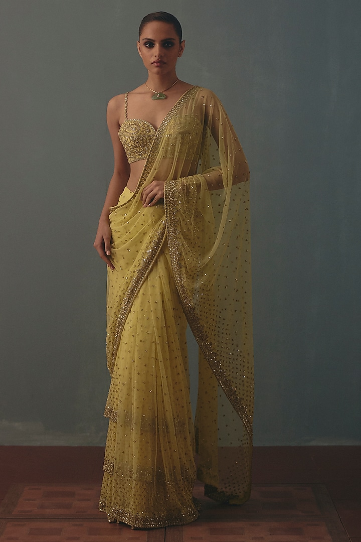 Butter Yellow Net Mirror Hand Embroidered Ruffled Bridal Bridal Saree Set by Arpita Mehta at Pernia's Pop Up Shop