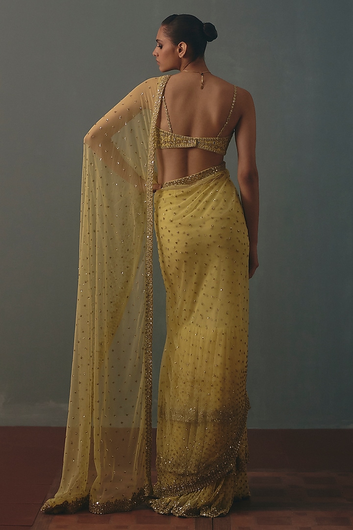 Butter Yellow Net Mirror Hand Embroidered Ruffled Bridal Bridal Saree Set by Arpita Mehta at Pernia's Pop Up Shop