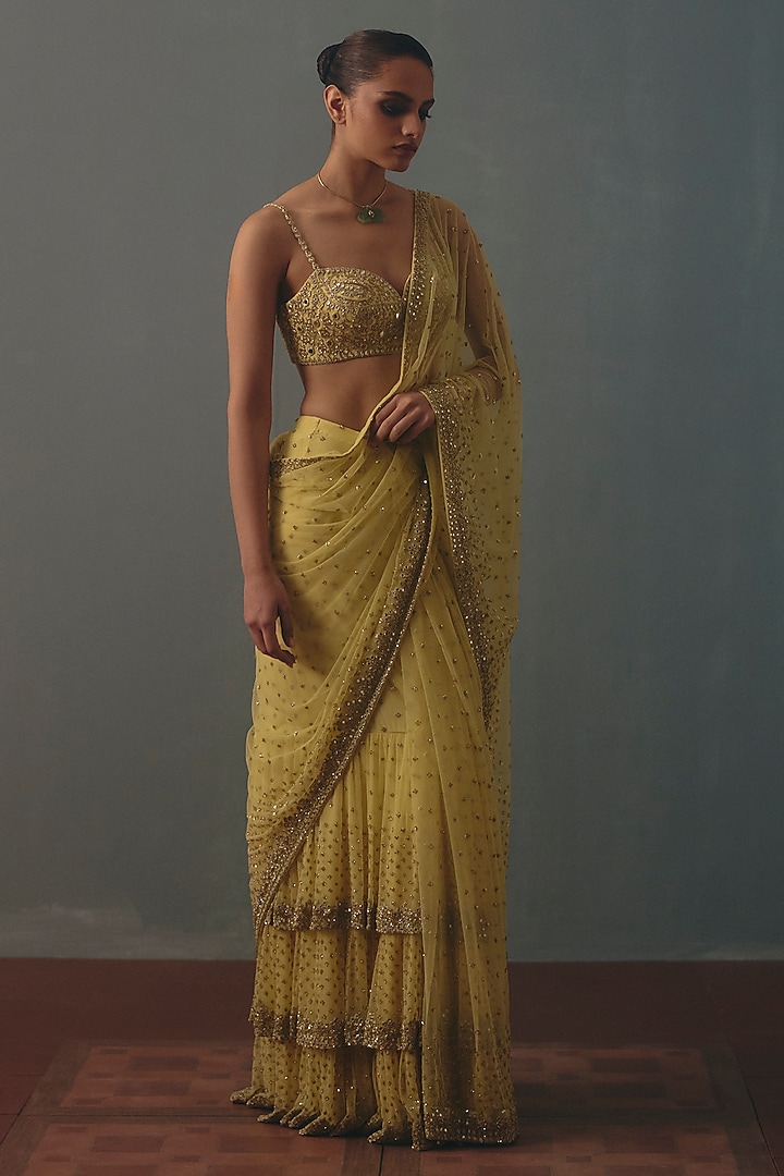 Butter Yellow Net Mirror Hand Embroidered Ruffled Bridal Bridal Saree Set by Arpita Mehta at Pernia's Pop Up Shop