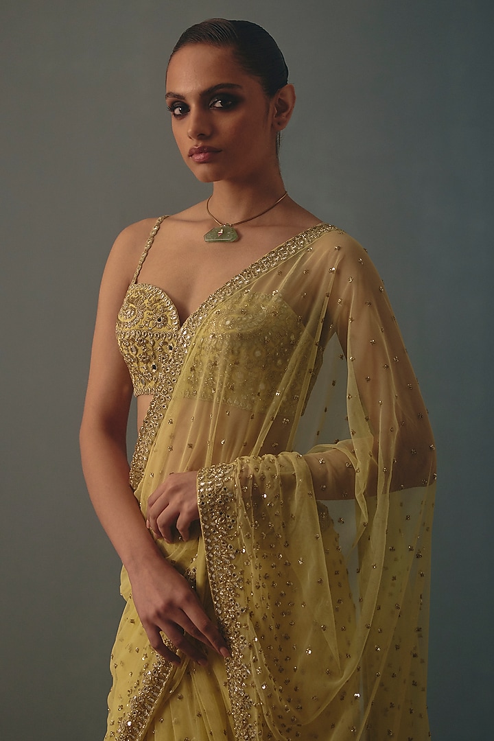 Butter Yellow Net Mirror Hand Embroidered Ruffled Bridal Bridal Saree Set by Arpita Mehta at Pernia's Pop Up Shop