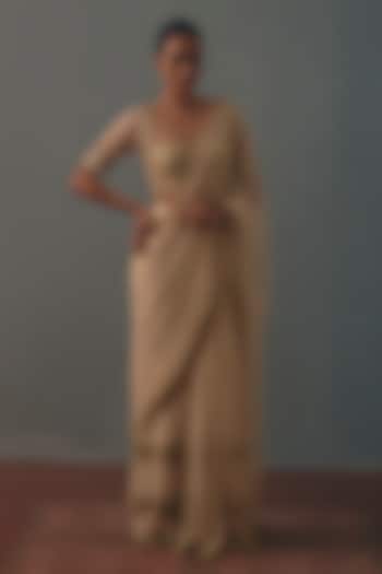 Coconut White Net Mirror Hand Embroidered Ruffled Bridal Bridal Saree Set by Arpita Mehta at Pernia's Pop Up Shop