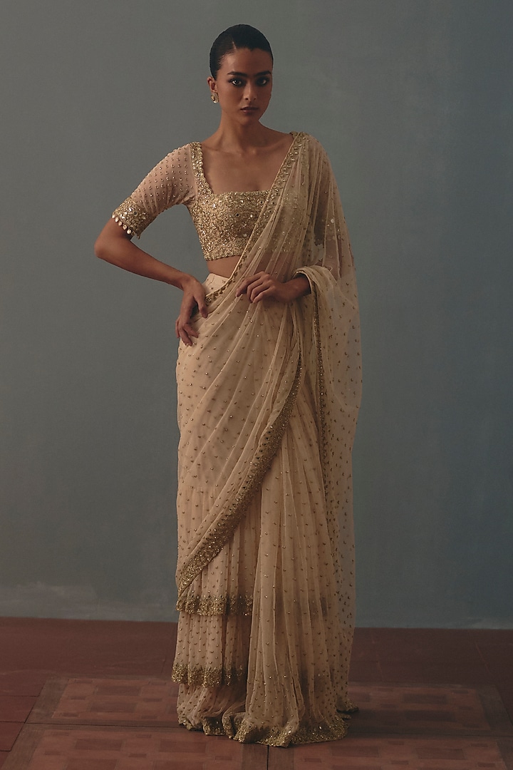 Coconut White Net Mirror Hand Embroidered Ruffled Bridal Bridal Saree Set by Arpita Mehta at Pernia's Pop Up Shop