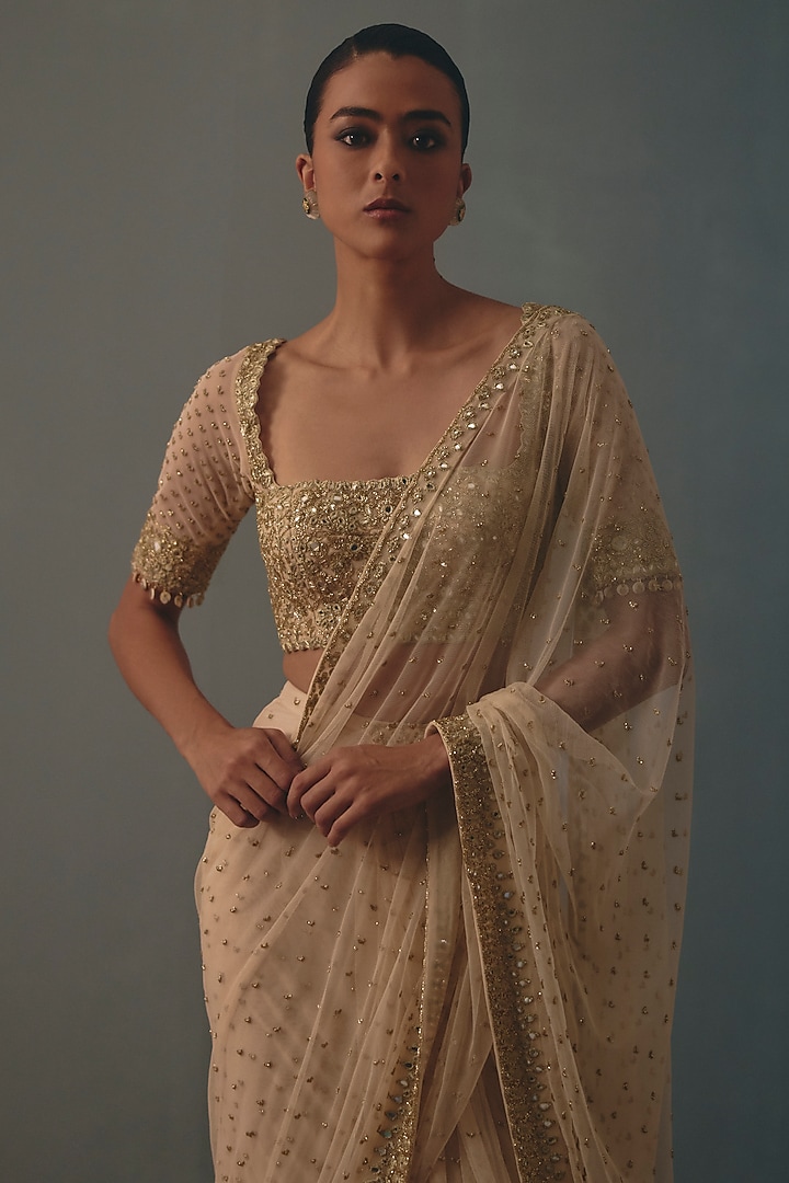 Coconut White Net Mirror Hand Embroidered Ruffled Bridal Bridal Saree Set by Arpita Mehta at Pernia's Pop Up Shop