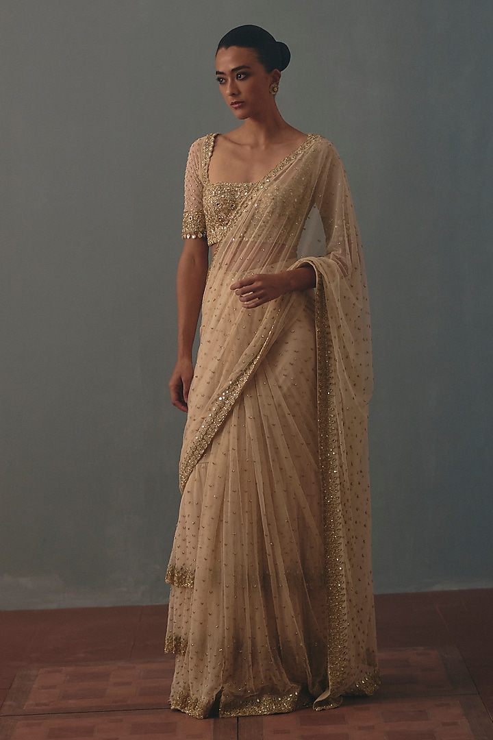 Coconut White Net Mirror Hand Embroidered Ruffled Bridal Bridal Saree Set by Arpita Mehta at Pernia's Pop Up Shop