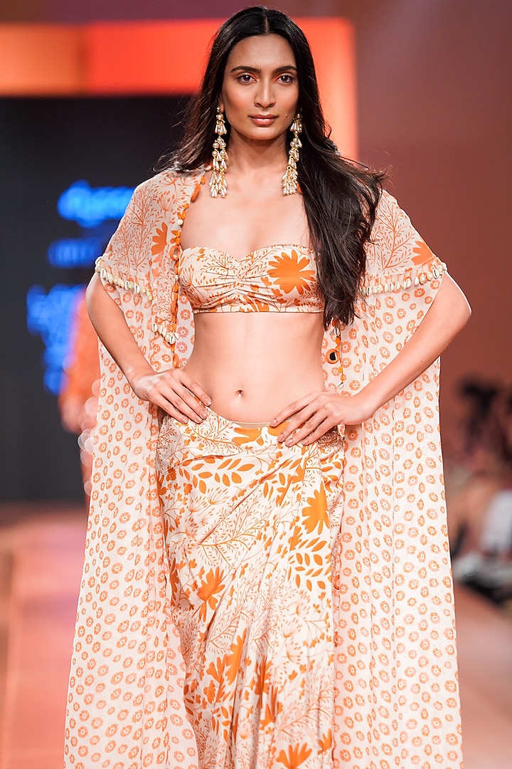 Sand & Orange Crepe Silk Printed Skirt Set by Arpita Mehta at Pernia's Pop Up Shop