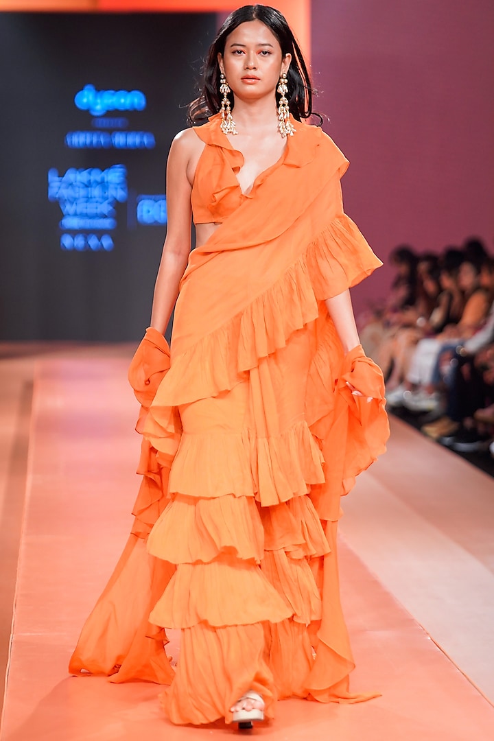 Orange Georgette Ruffled Saree Set by Arpita Mehta