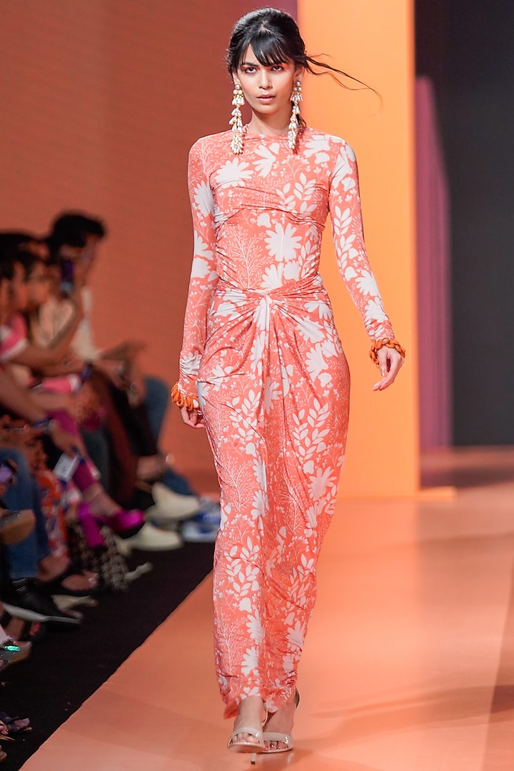 Orange & Sand Malai Lycra Printed Skirt Set by Arpita Mehta at Pernia's Pop Up Shop